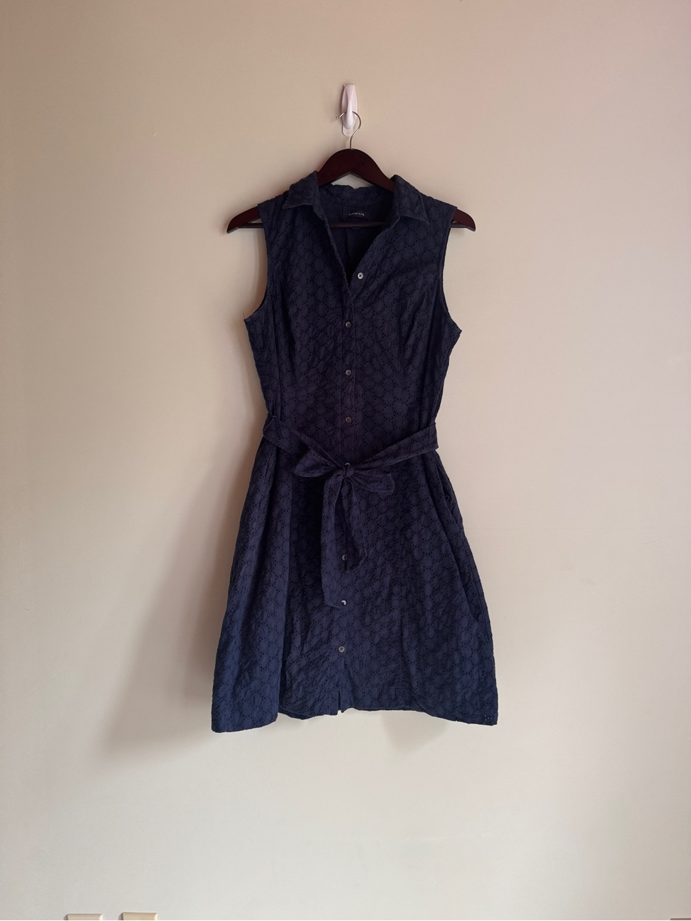 Lands' End Navy Eyelet Sleeveless Shirt Dress with Tie Waist
